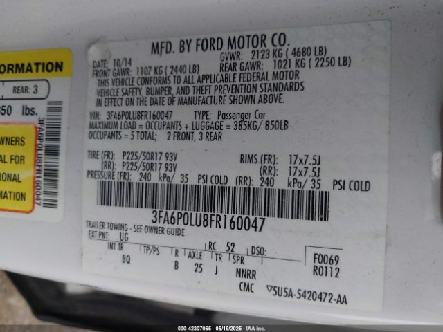 3FA6P0LU8FR160047 Ford Fusion Hybrid Se