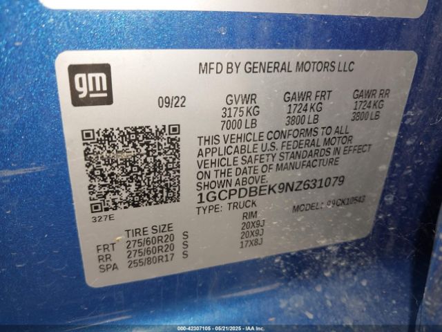 1GCPDBEK9NZ631079 Chevrolet Silverado 1500 4wd  Short Bed Custom