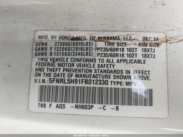 5FNRL5H91FB012330 Honda Odyssey Touring/touring Elite