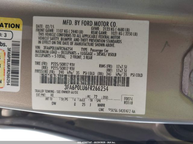 3FA6P0LU6FR266254 Ford Fusion Hybrid Se