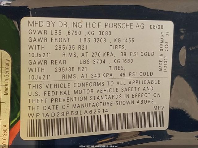 2009 PORSCHE CAYENNE WP1AD29P59LA62914 Photo 8