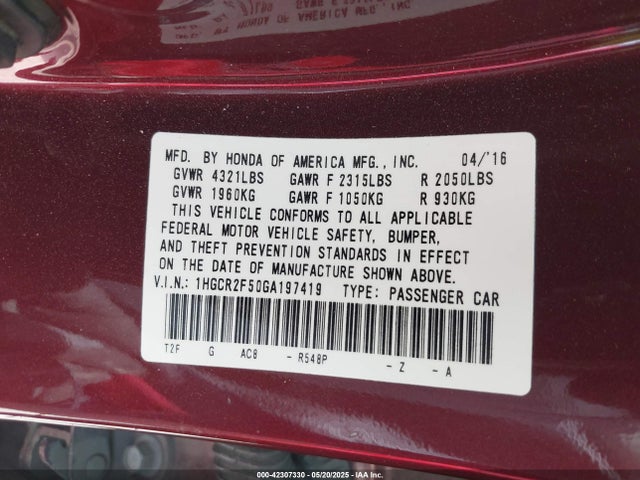 1HGCR2F50GA197419 Honda k24w1