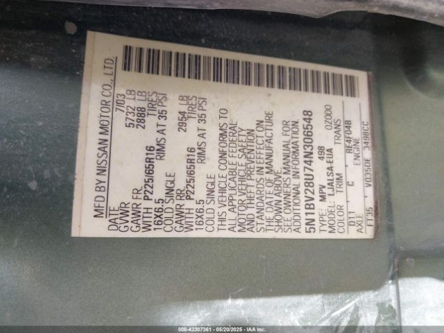 2004 NISSAN QUEST 5N1BV28U74N306548 Photo 8
