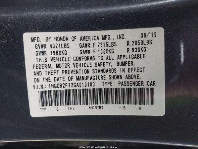 1HGCR2F72GA010103 Honda ACCORD EX