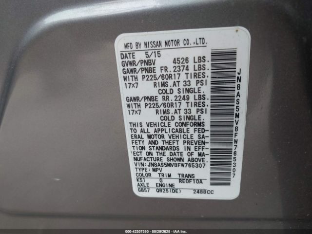 JN8AS5MV8FW765307 Nissan Rogue Select S