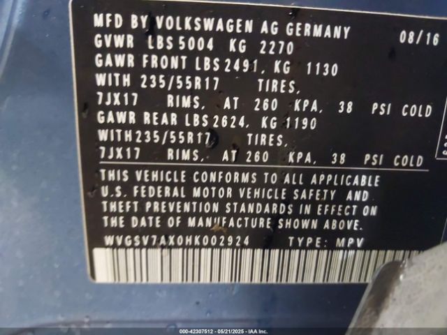 WVGSV7AX0HK002924 Volkswagen Tiguan 2.0t Wolfsburg Edition