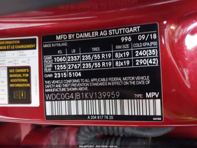 2019 MERCEDES-BENZ GLC 300 WDC0G4JB1KV139959 Photo 8