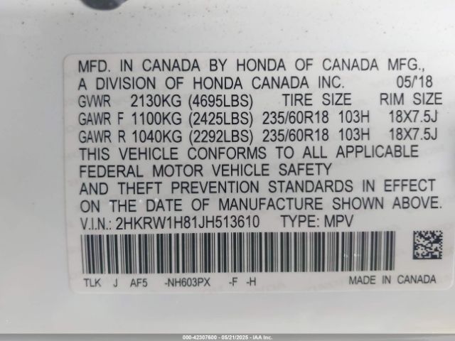 2HKRW1H81JH513610 Honda Cr-v Ex-l/ex-l Navi