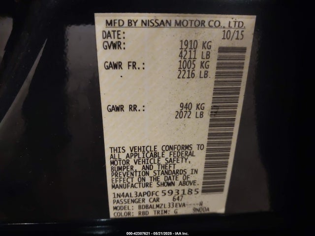 Nissan Altima 2.5 Sv 2015 1N4AL3AP0FC593185 Image 9