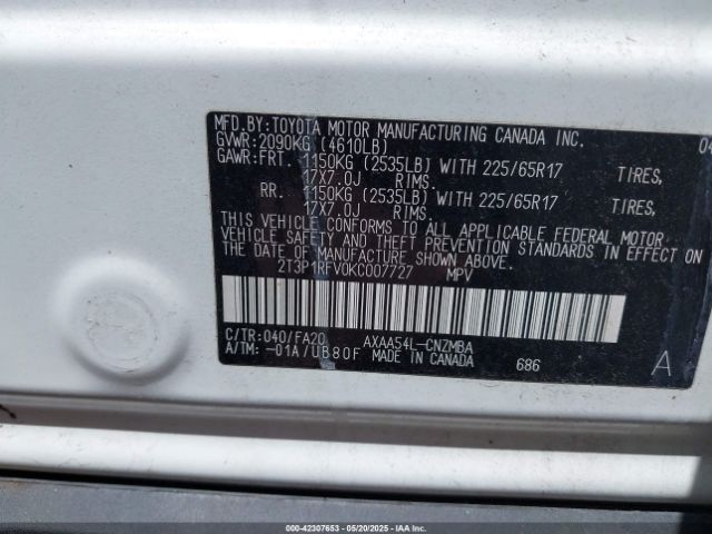 2T3P1RFV0KC007727 Toyota Rav4 Xle