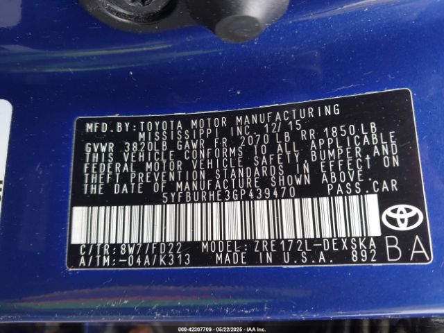5YFBURHE3GP439470 Toyota Corolla S Plus