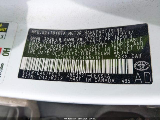 2T1BURHE9HC893191 Toyota COROLLA SE