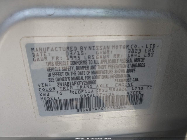 3N1AB7APXFY250866 Nissan Sentra Fe+ S/s/sl/sr/sv