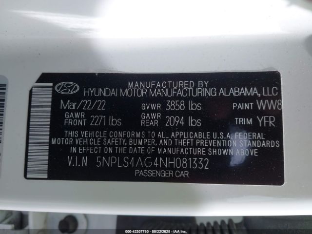 5NPLS4AG4NH081332 Hyundai ELANTRA SEL