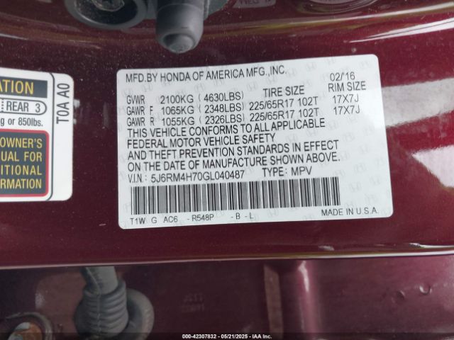 5J6RM4H70GL040487 Honda Cr-v Ex-l