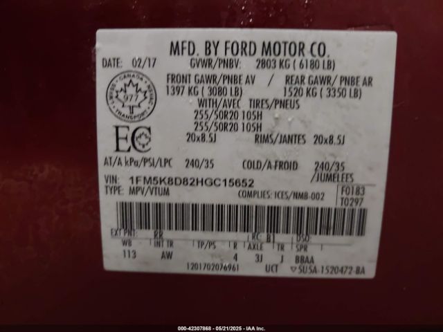 1FM5K8D82HGC15652 Ford EXPLORER XLT