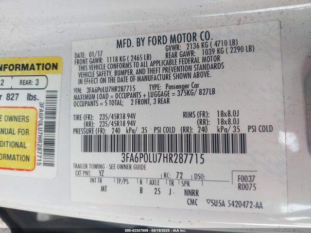 3FA6P0LU7HR287715 Ford Fusion Hybrid Se