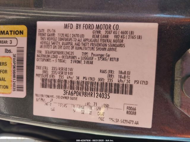 2017 FORD FUSION 3FA6P0K98HR124035 Photo 8