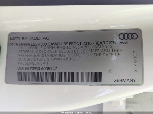 2020 AUDI A3 WAUAUGFFXLA005747 Photo 8