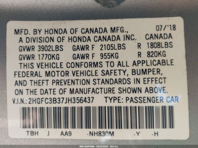 2HGFC3B37JH356437 Honda Civic Ex-t