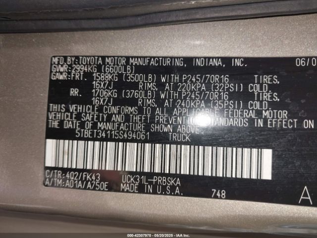 2005 TOYOTA TUNDRA 5TBET34115S494061 Photo 8