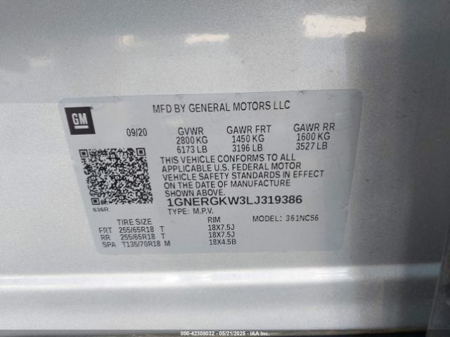 1GNERGKW3LJ319386 Chevrolet Traverse Fwd Lt Cloth