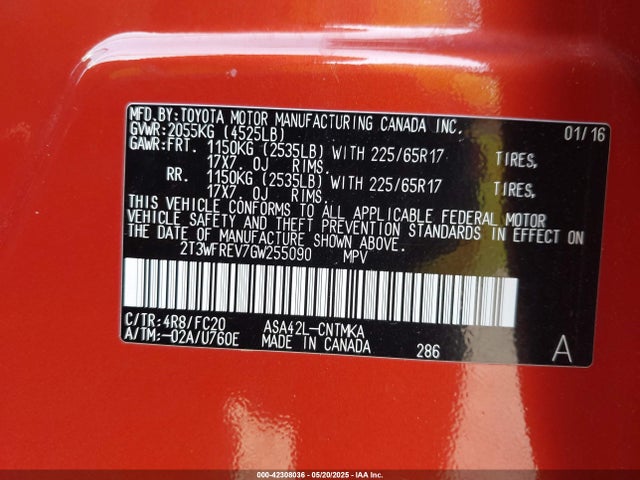 2T3WFREV7GW255090 Toyota 2ar-fe