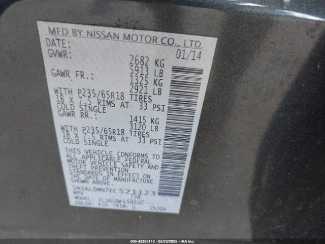 Aukcja sprzedaży 2014 Infiniti Qx60, vin: 5N1AL0MN7EC521123, numer aukcji: 42308112