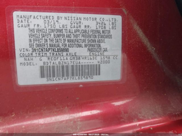 3N1CN7AP7KL859890 Nissan Versa 1.6 Sv