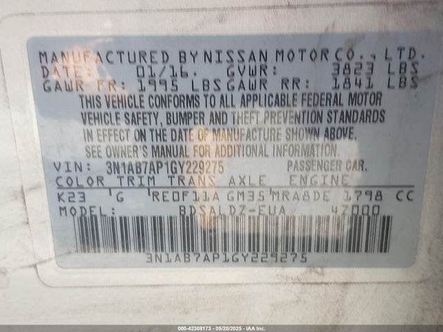 3N1AB7AP1GY229275 Nissan SENTRA SV