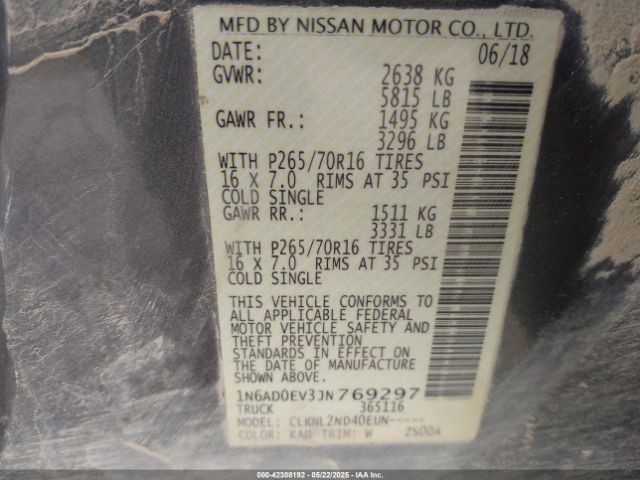 1N6AD0EV3JN769297 Nissan Frontier Sv