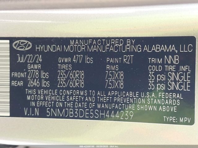 5NMJB3DE5SH444239 Hyundai TUCSON SEL