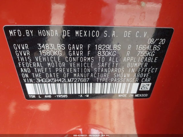 42308221 :رقم المزاد ، 3HGGK5H42LM727687 vin ، 2020 Honda Fit Lx مزاد بيع
