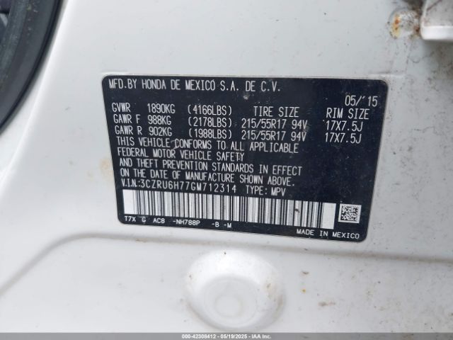 3CZRU6H77GM712314 Honda Hr-v Ex-l