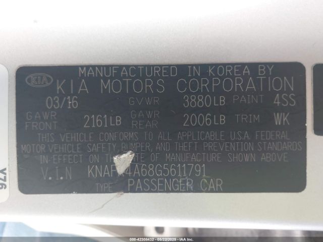 KNAFK4A68G5611791 KIA FORTE LX