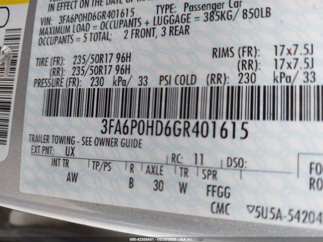 3FA6P0HD6GR401615 Ford FUSION SE