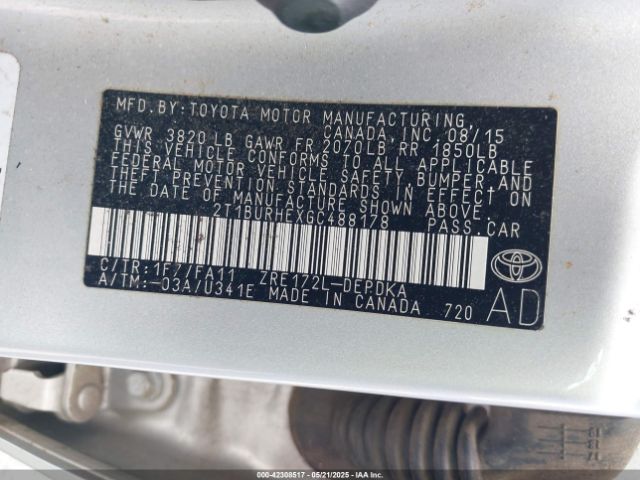2T1BURHEXGC488178 Toyota COROLLA L