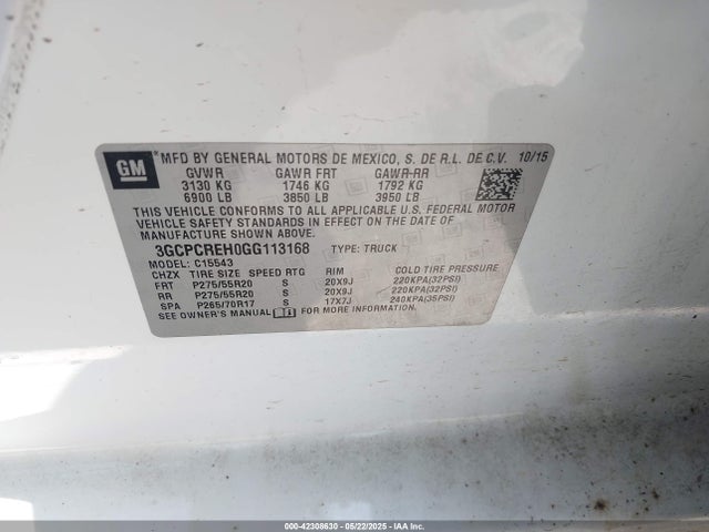3GCPCREH0GG113168 Chevrolet Silverado 1500 1lt