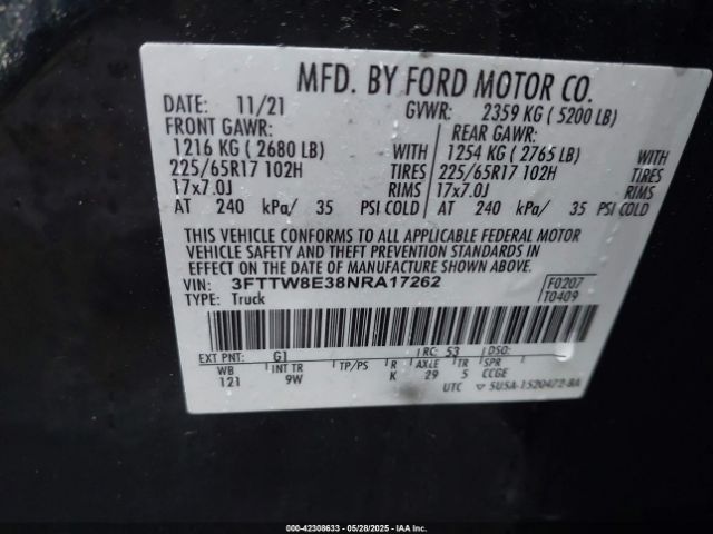 3FTTW8E38NRA17262 Ford Maverick Xl