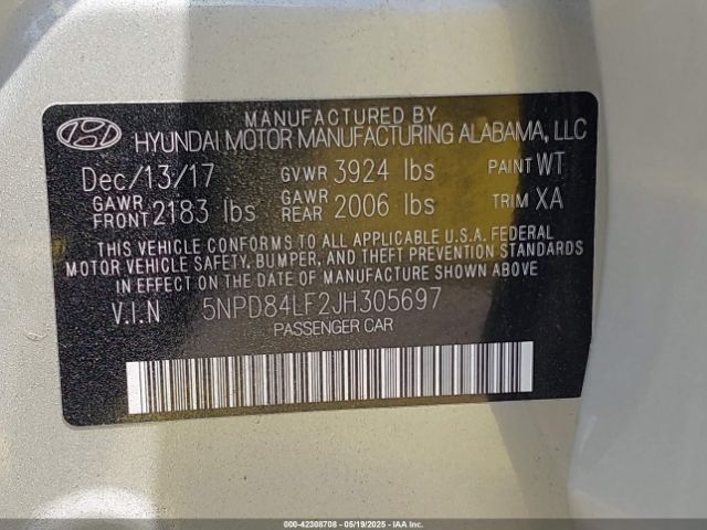 5NPD84LF2JH305697 Hyundai Elantra Value Edition