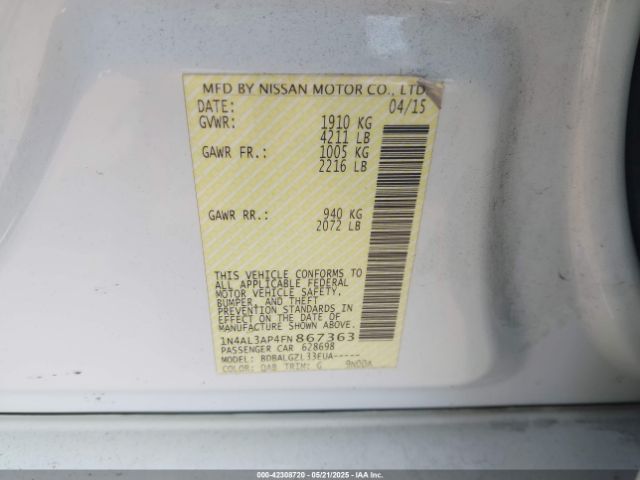 1N4AL3AP4FN867363 Nissan Altima 2.5/2.5 S/2.5 Sl/2.5 Sv