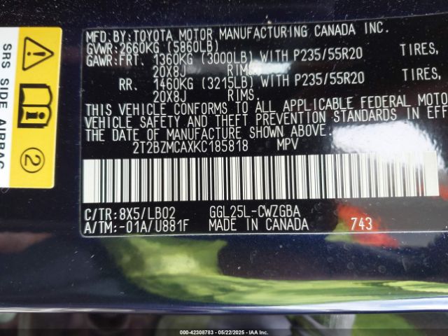 2T2BZMCAXKC185818 Lexus RX 350