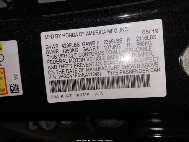 1HGCV1F51KA112487 Honda Accord Ex-l