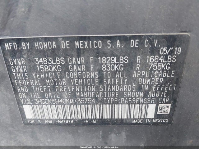 3HGGK5H40KM735754 Honda FIT LX