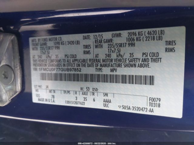 1FMCU0F77GUB97852 Ford ESCAPE S