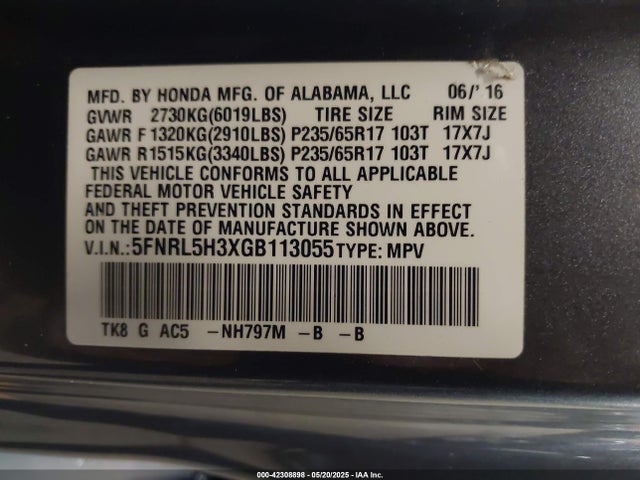 5FNRL5H3XGB113055 Honda j35z8