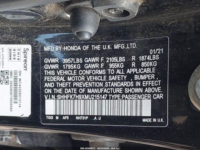 2021 HONDA CIVIC SHHFK7H9XMU215147 Photo 8
