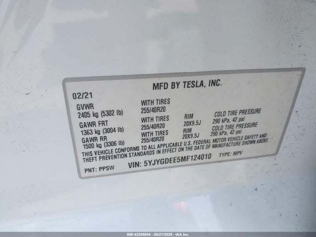 2021 TESLA MODEL Y 5YJYGDEE5MF124010 Photo 8