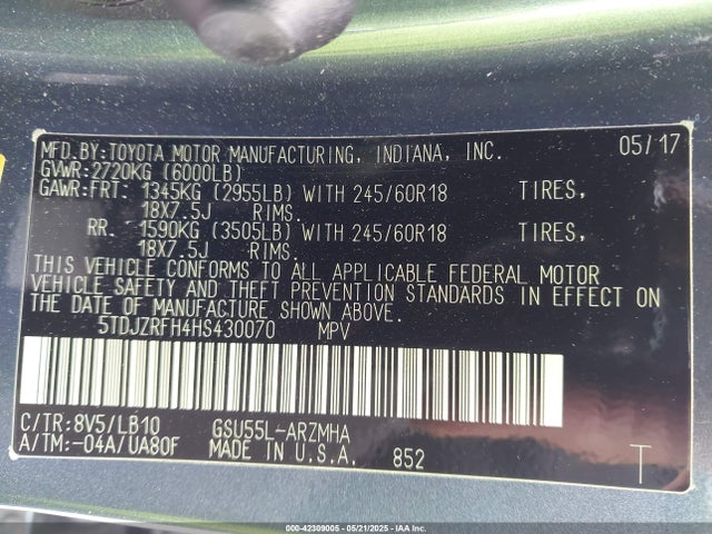 5TDJZRFH4HS430070 Toyota Highlander Se/xle