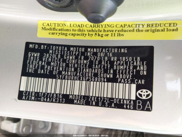 5YFBURHEXGP568094 Toyota COROLLA LE